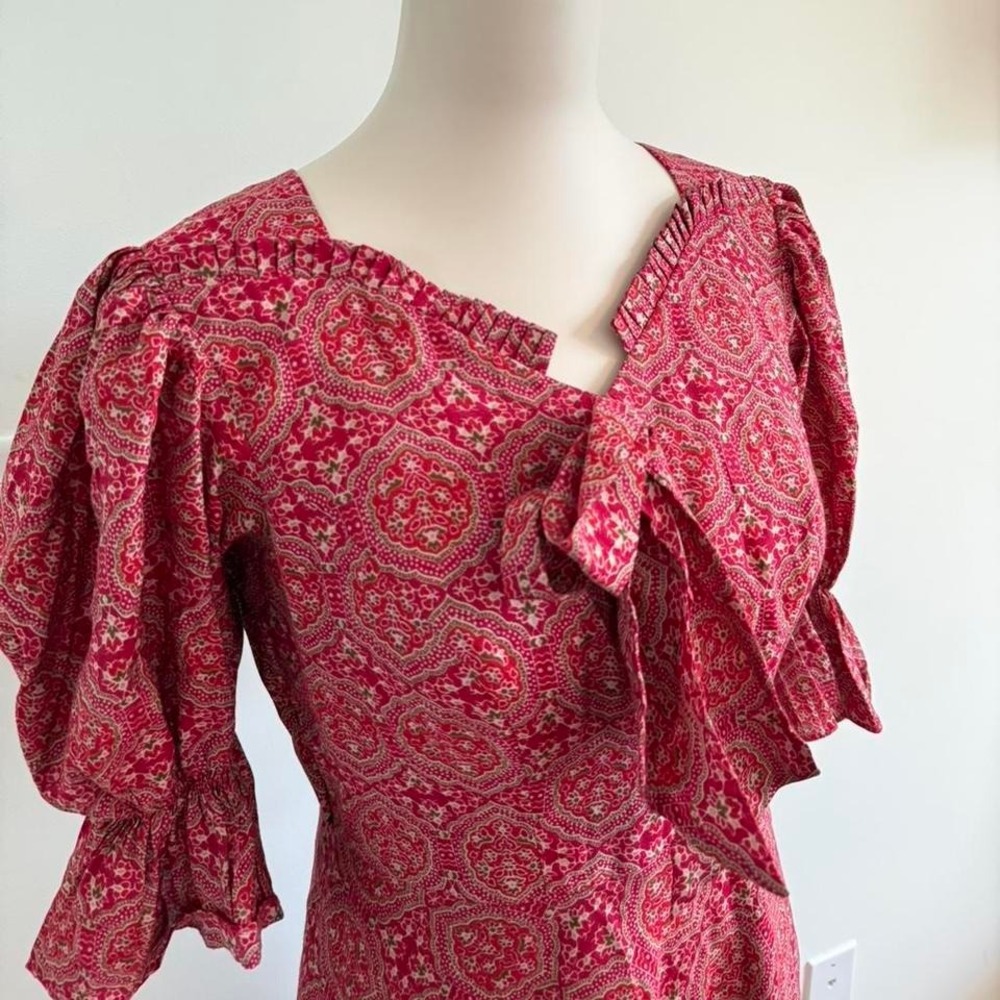 Red Paisley Puff Sleeve Tie Front Midi Dress — Size M (6-8) - Picture 8 of 8